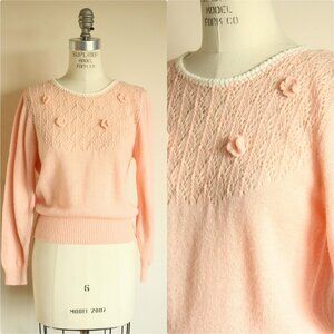 Vintage 1980s Sweater, Rt Mind Pink Pointelle Knit Pullover, Bishop Sleeve